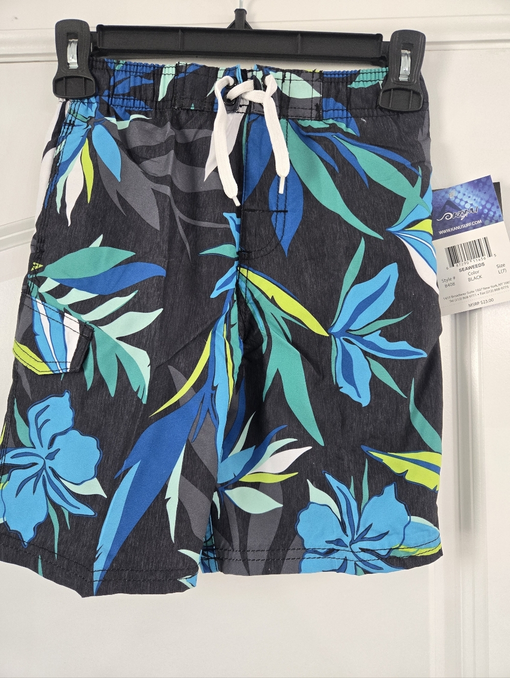 Kanu Surf Boy's Black Floral Cargo Swim Shorts with Blue & Teal Print Size 7